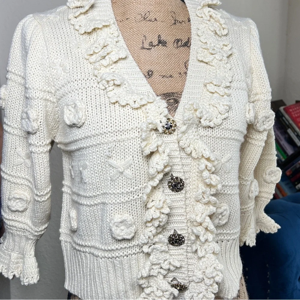 Zara Cream Textured Ruffle-Trim Button Cardigan - Picture 9 of 10